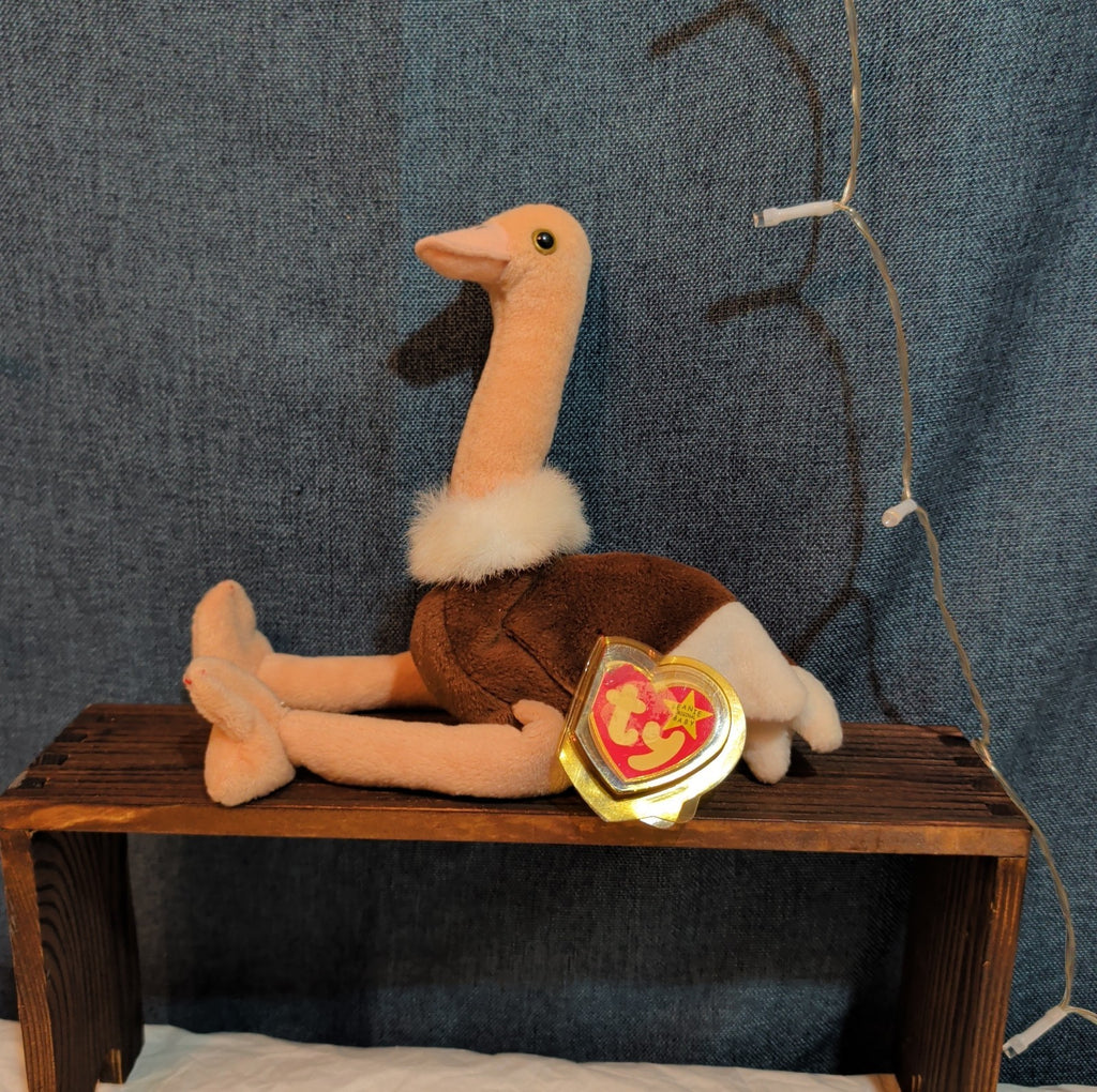 TY Beanie Baby Stretch Ostrich Plush PE Pellets 1997 Vintage With Heart Protect