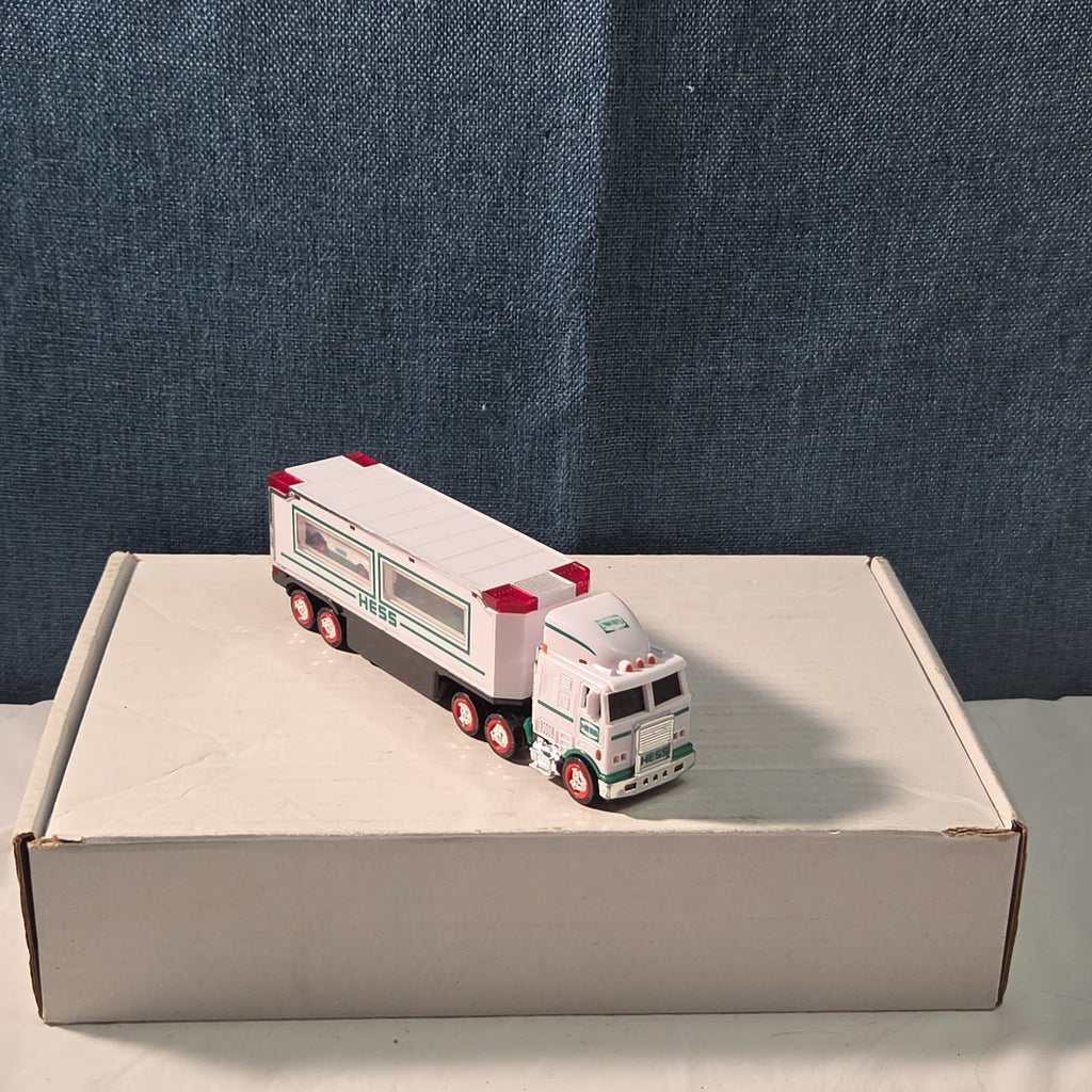 2021 Hess Mini Toy Truck Semi Hauler with Race Car White & Green Collectible