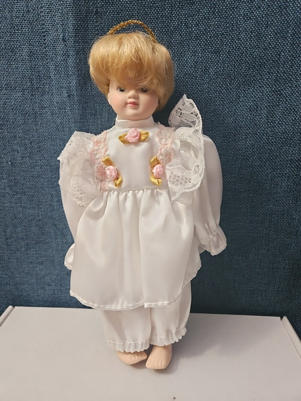 Vintage Porcelain Angel Doll | Blonde Guardian Angel with Halo