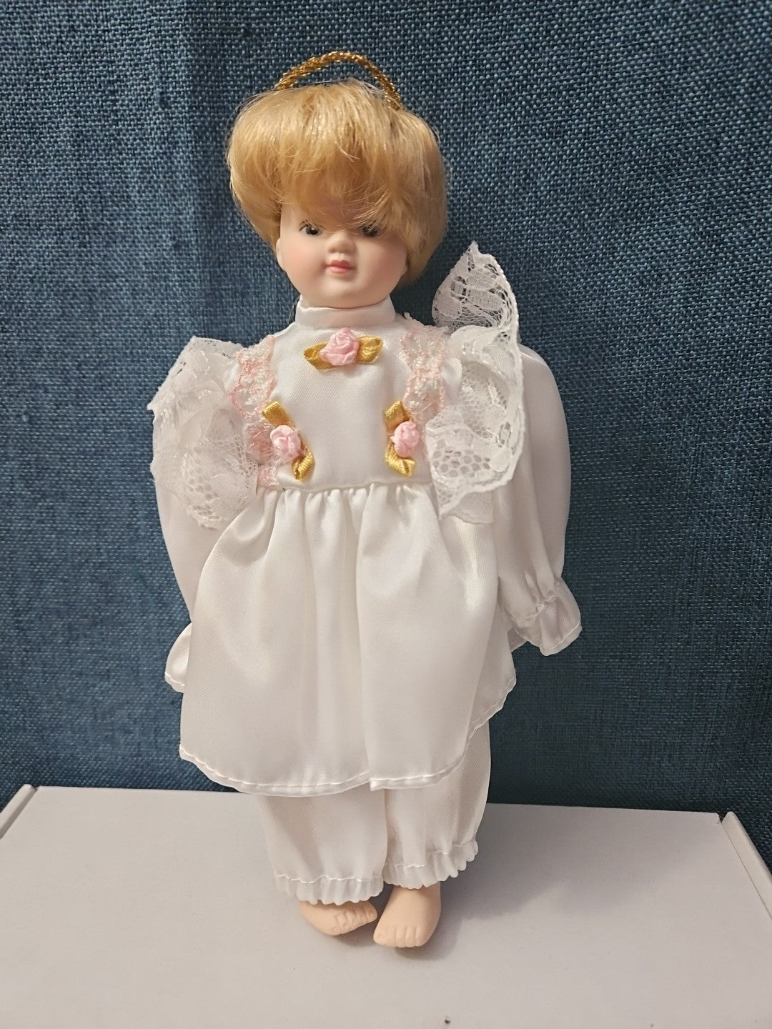 Vintage Porcelain Angel Doll | Blonde Guardian Angel with Halo