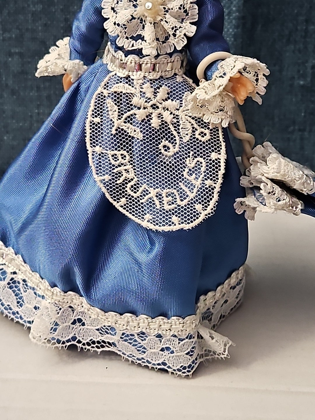 Vintage Brussels Souvenir Doll | 6" Belgium Blue Dress | "Bruxelles" Lace Apron