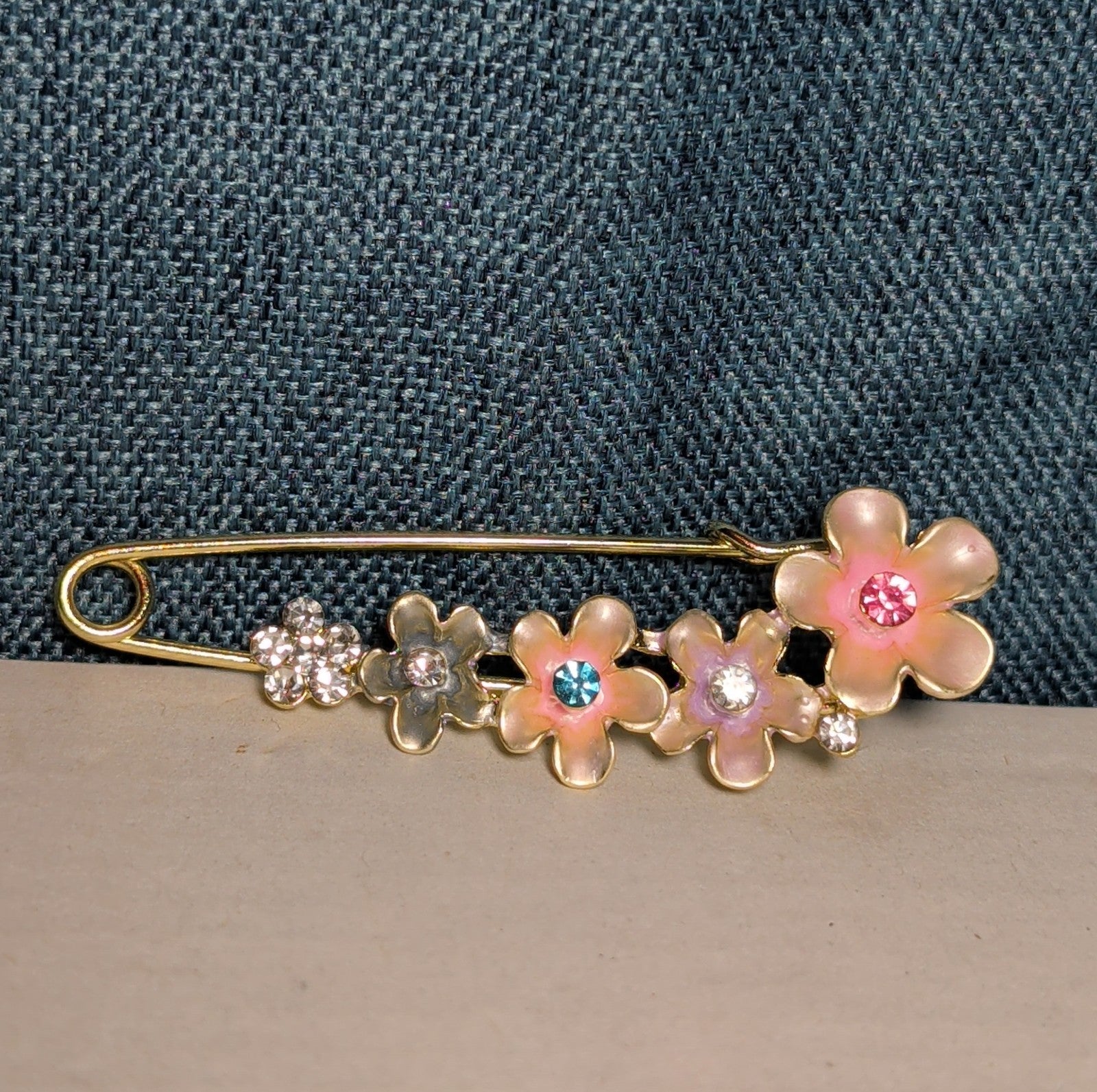 Floral Safety Pin Brooch Enamel Rhinestone Cottagecore PreOwned