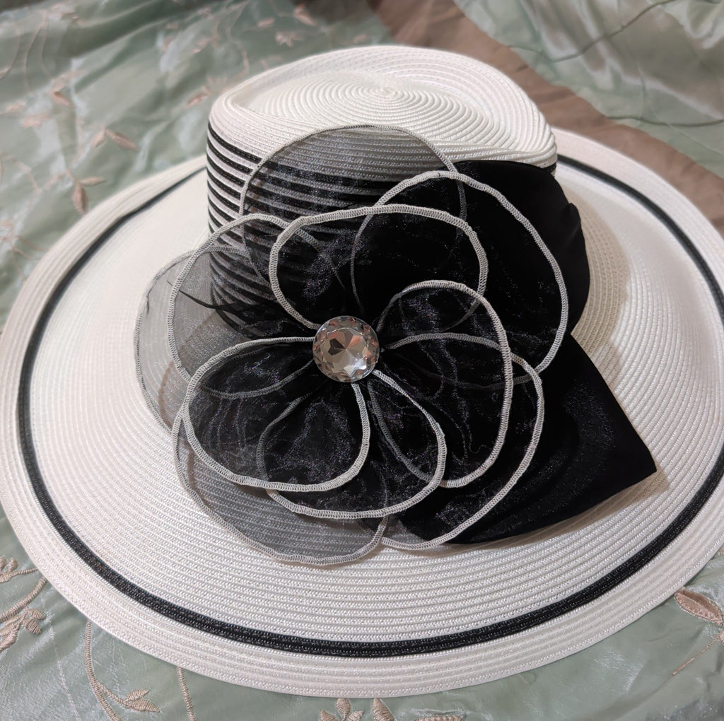 Tuscany Wide Brim Church Derby Dress Hat Black White Flower Bow Ribbon