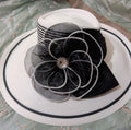 Tuscany Wide Brim Church Derby Dress Hat Black White Flower Bow Ribbon