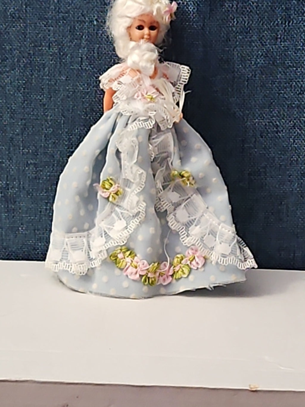 Vintage 5.5" Costume Doll | Blue Polka Dot Rococo Dress | Hard Plastic Souvenir