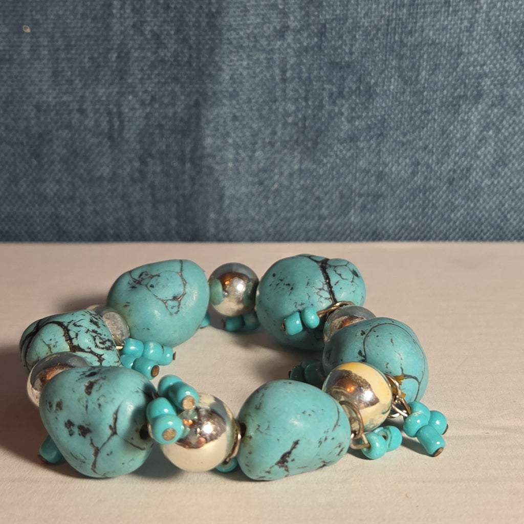 Chunky Faux Turquoise Silver Tone Stretch Bracelet Boho Y2K NWOT