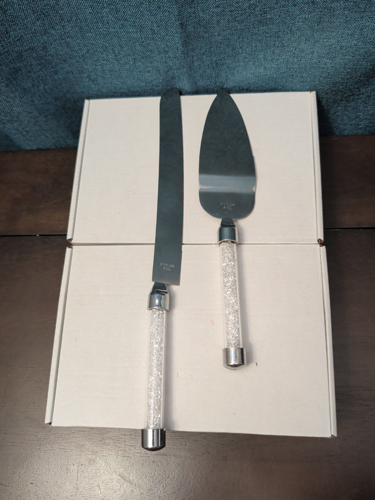 Mr & Mrs Wedding Cake Server Knife Set | Crystal Filled Bling Handle Stainless