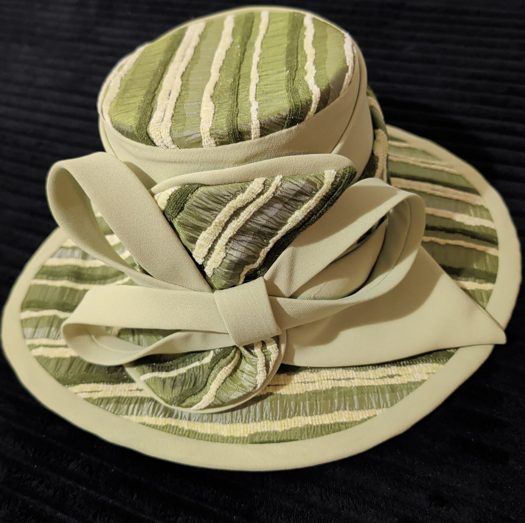 Carissimo Green Striped Wide Brim Church Derby Hat Bow Ribbon Vintage