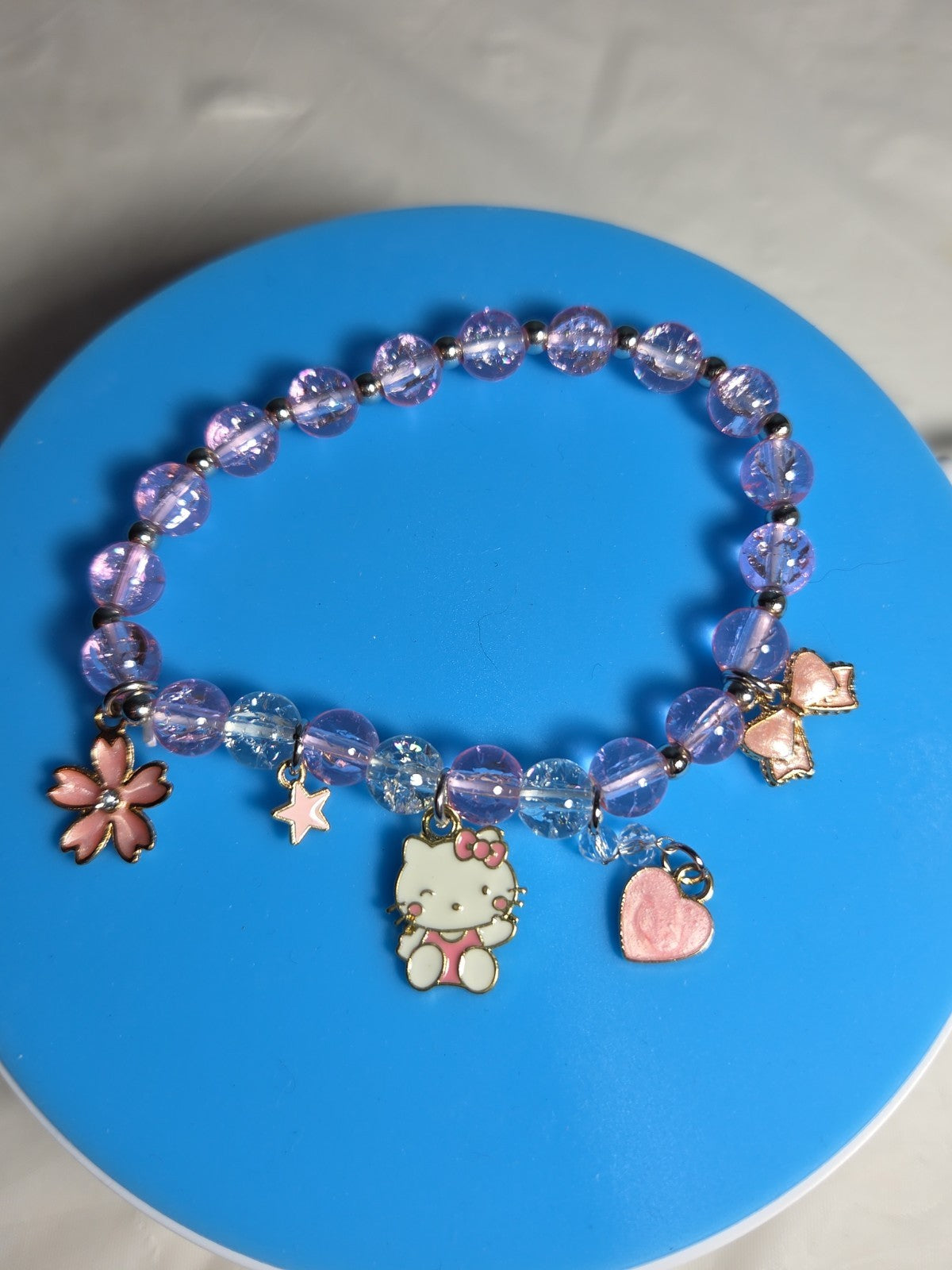Kawaii Kitty Pink Beaded Stretch Charm Bracelet Y2K