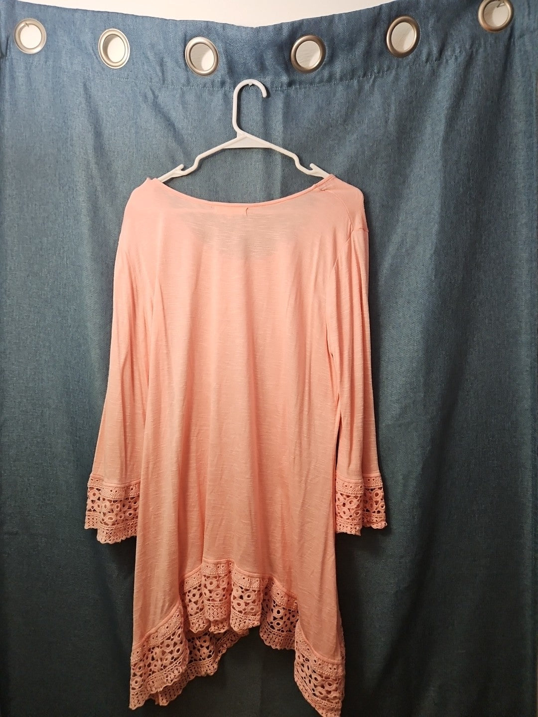 Indigo Soul Boho Tunic Top Large Pink Rayon Crochet Lace Sharkbite Hem Lagenlook