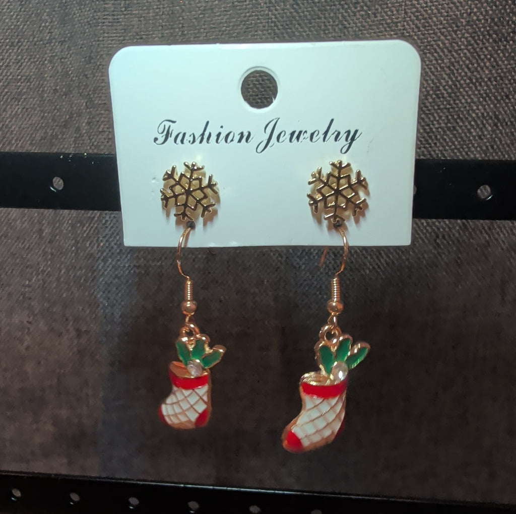 Christmas Stocking Snowflake Earring 2-Pair Set Enamel Gold-Tone Holiday NEW