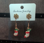Christmas Stocking Snowflake Earring 2-Pair Set Enamel Gold-Tone Holiday NEW
