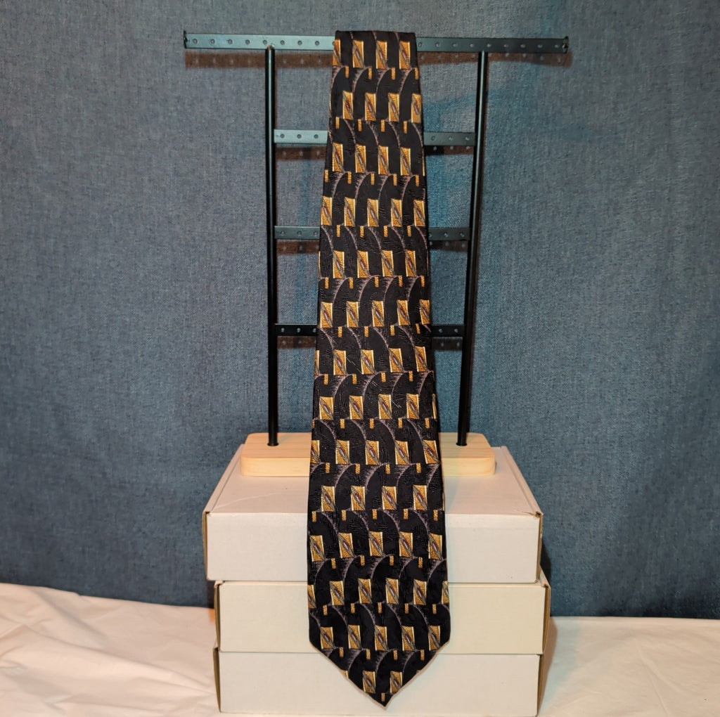 Vtg Ferrell Reed for Edwards Silk Neck Tie Black Gold Geometric Art Deco 59.5