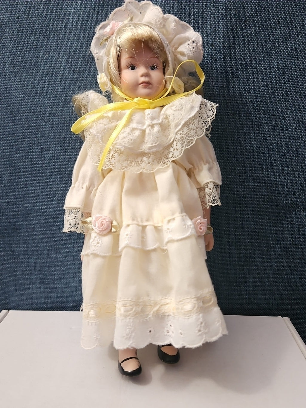 Vintage 8" Porcelain Doll | Blonde with Bonnet & Ruffled Dress