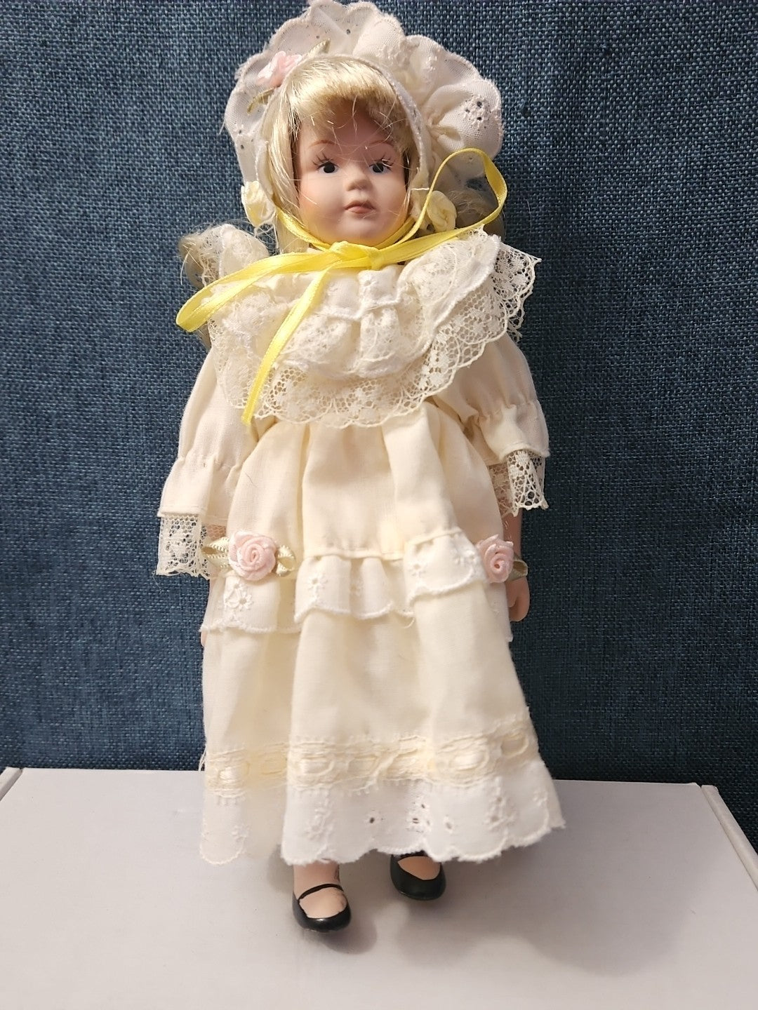 Vintage 8" Porcelain Doll | Blonde with Bonnet & Ruffled Dress