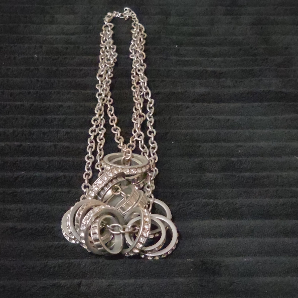 NY Collection Silver Tone Triple Chain Rhinestone Ring Cluster Necklace