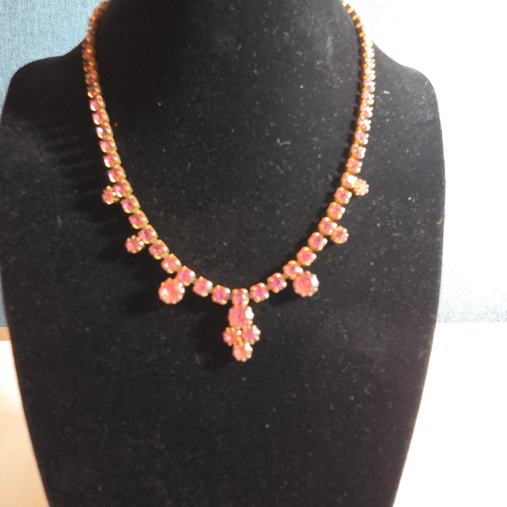 Fringe Necklace Pink Rhinestone Gold Tone Retro Glam