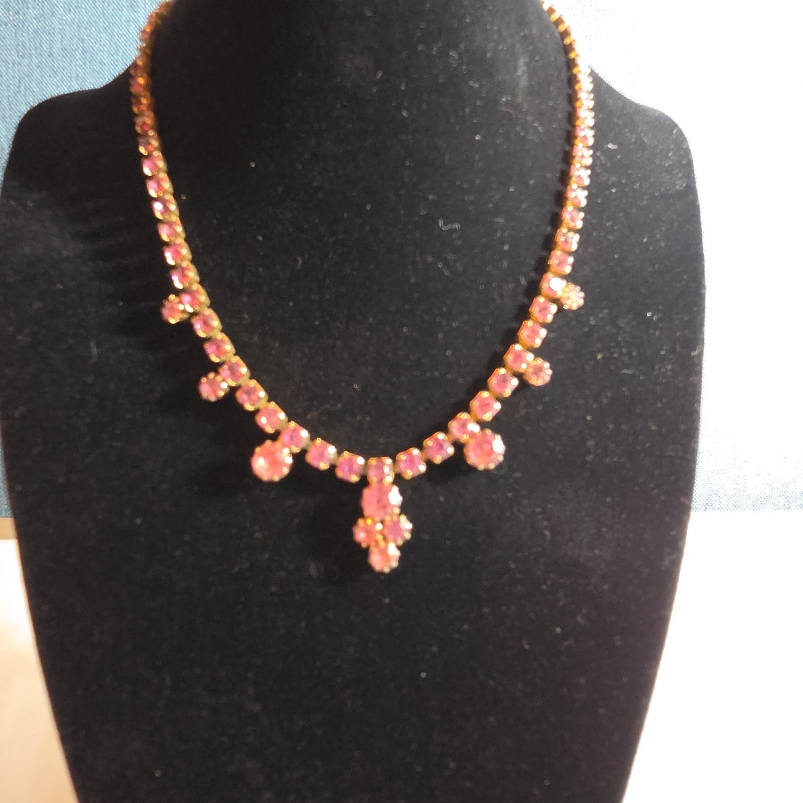 Fringe Necklace Pink Rhinestone Gold Tone Retro Glam