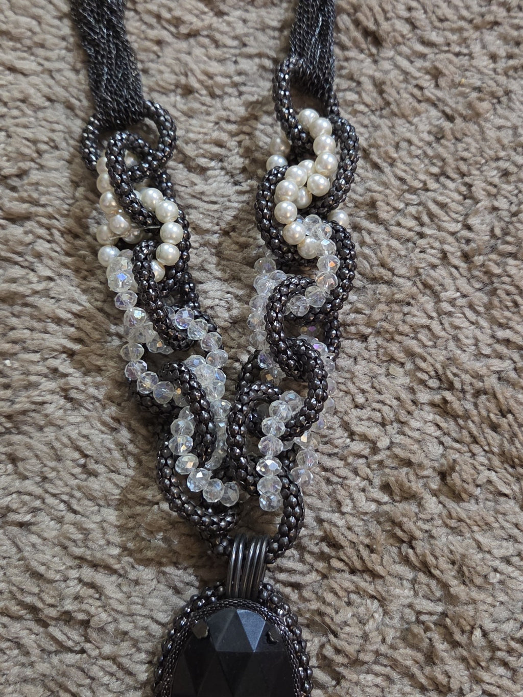 Black Crystal Pearl Necklace Chunky Bib Pendant Antique Chain