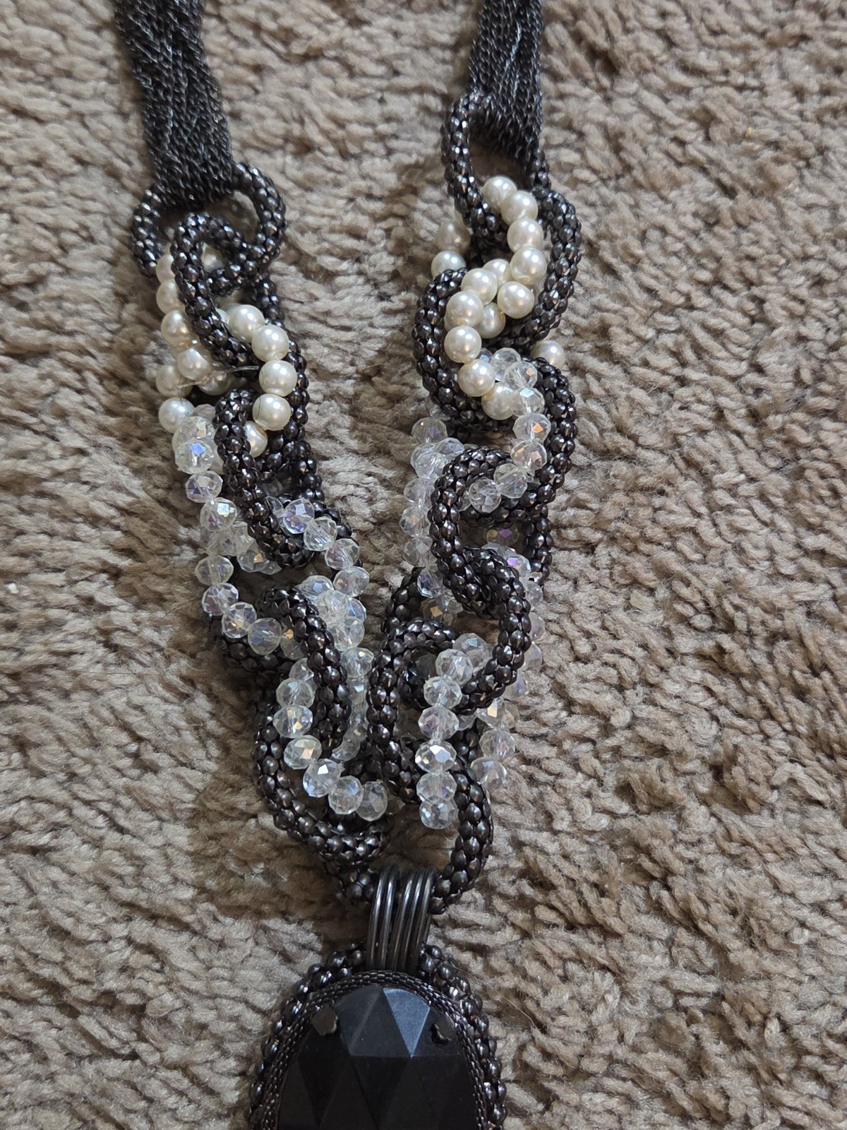 Black Crystal Pearl Necklace Chunky Bib Pendant Antique Chain
