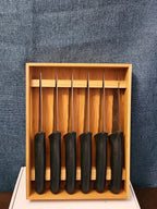 6 Gibson Steak Knives | 4.5" Serrated Stainless Steel | Wood Storage Block Tray