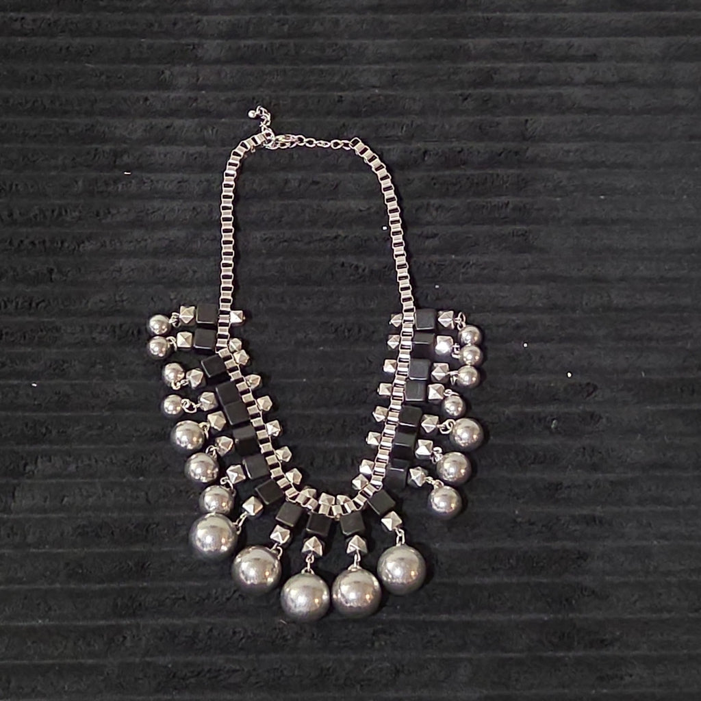 Chunky Silver Bib Statement Necklace Black Cube Cascading Collar Choker Punk Mod