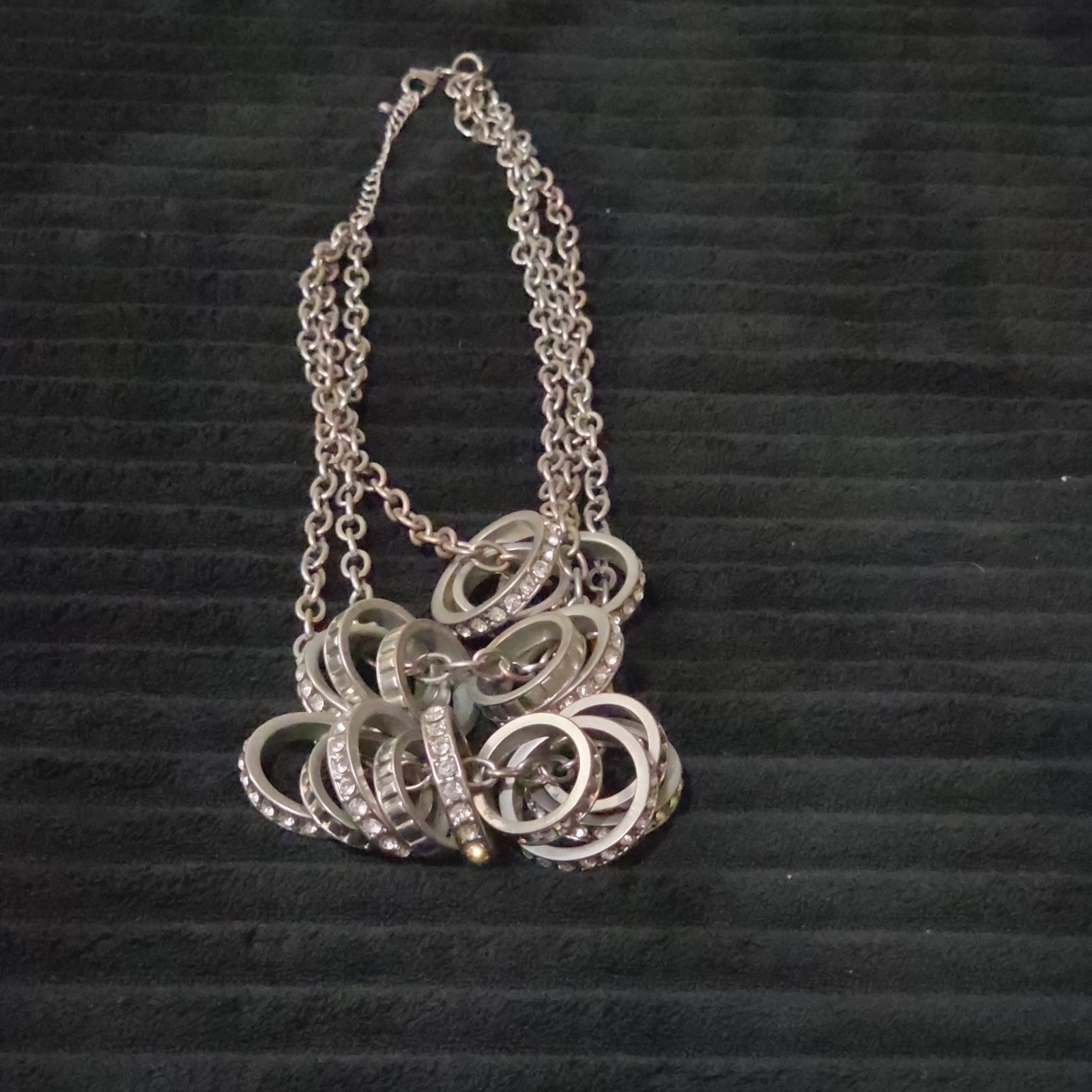 NY Collection Silver Tone Triple Chain Rhinestone Ring Cluster Necklace