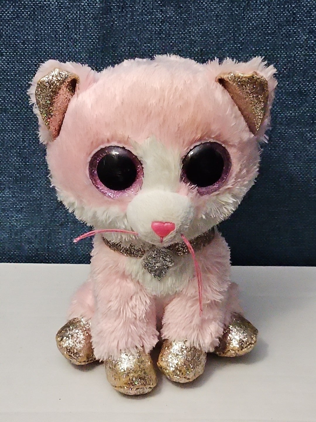 Ty Beanie Boos Fiona Pink Cat Plush | Glitter Eyes & Gold Feet | 6-9"