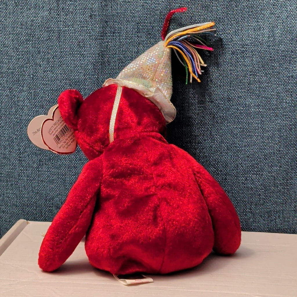 ​Ty Beanie Baby JULY Birthday Bear 2002 Red Teddy Silver Party Hat with Tag