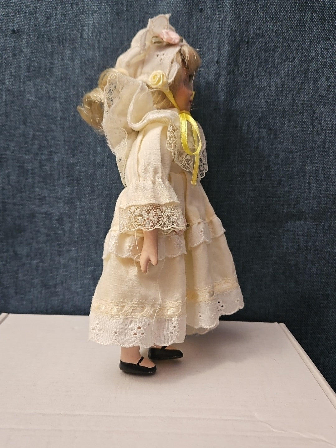 Vintage 8" Porcelain Doll | Blonde with Bonnet & Ruffled Dress