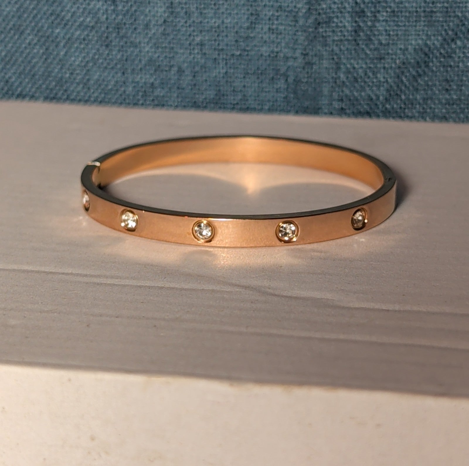 Hinged Bangle Copper Rose Gold Tone Rhinestone
