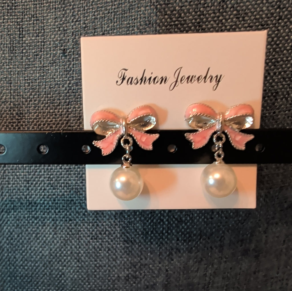 Pink Bow Pearl Drop Earrings Gold Plated Bowknot Cute Elegant Dangle Studs Gift