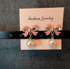 Pink Bow Pearl Drop Earrings Gold Plated Bowknot Cute Elegant Dangle Studs Gift