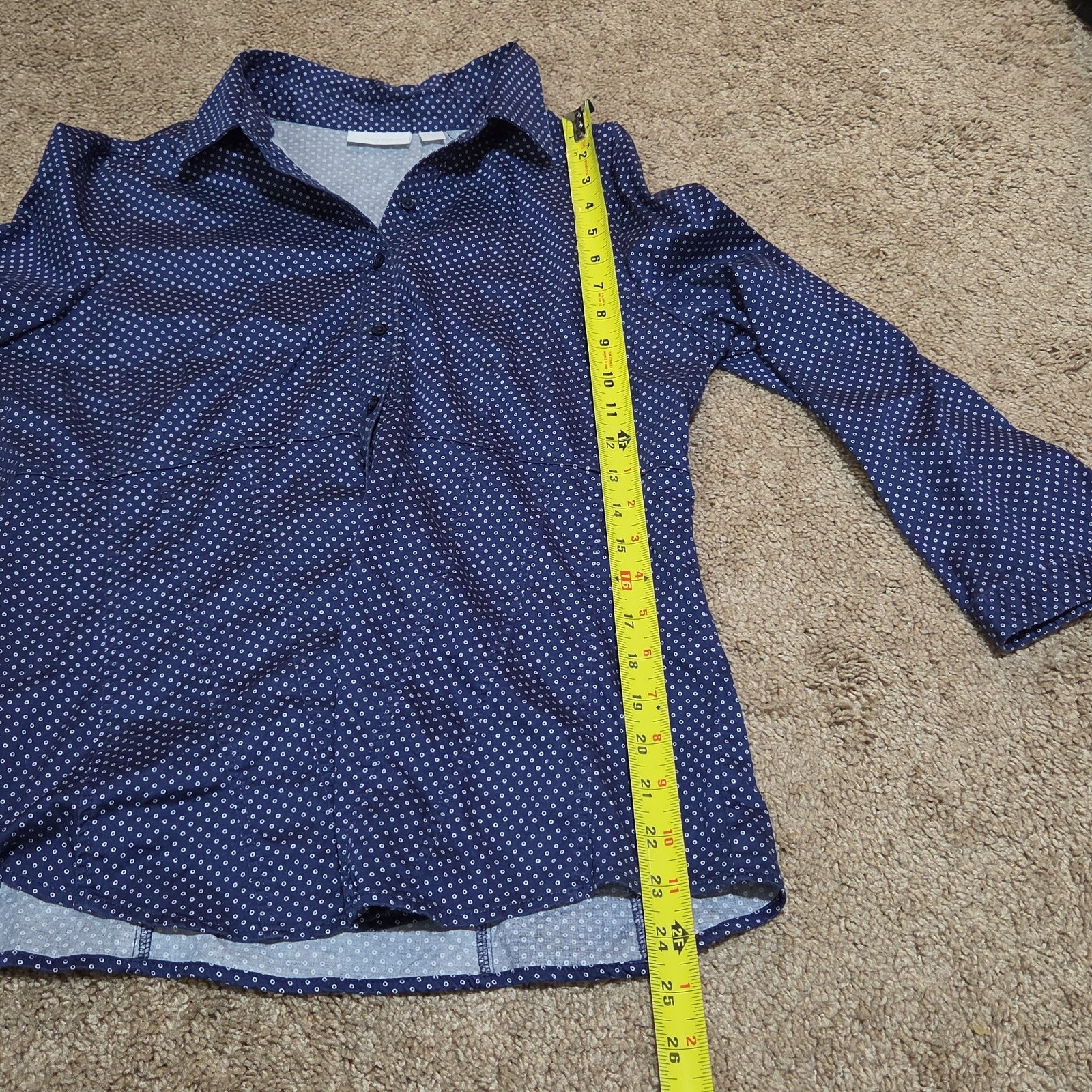 New York & Company Blouse Blue Polka Dot Button Down Office Wear Used Size L