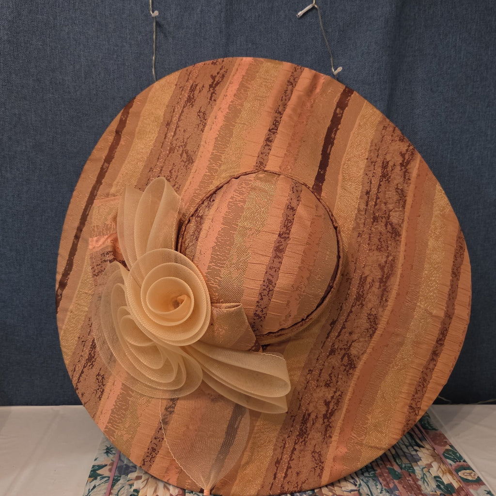 Ashro Wide Brim Derby Hat Peach Striped Mesh Flower