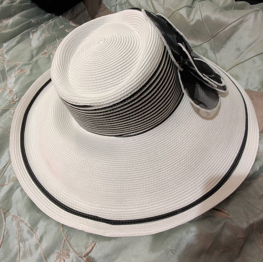 Tuscany Wide Brim Church Derby Dress Hat Black White Flower Bow Ribbon