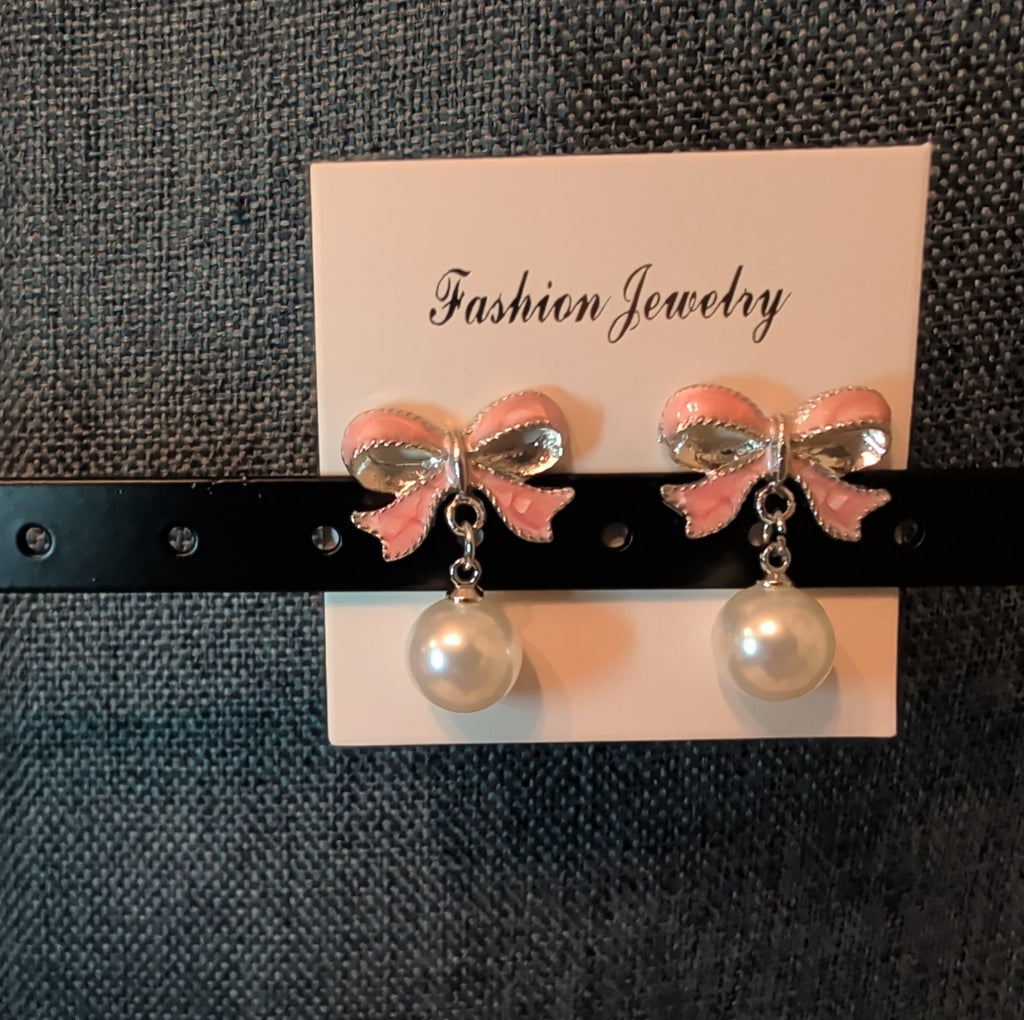 Pink Bow Pearl Drop Earrings Gold Plated Bowknot Cute Elegant Dangle Studs Gift