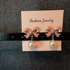Pink Bow Pearl Drop Earrings Gold Plated Bowknot Cute Elegant Dangle Studs Gift