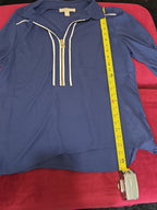 Michael Kors Blouse XL Navy Blue Zip Front Roll Tab Sleeve Shirt Gently Used