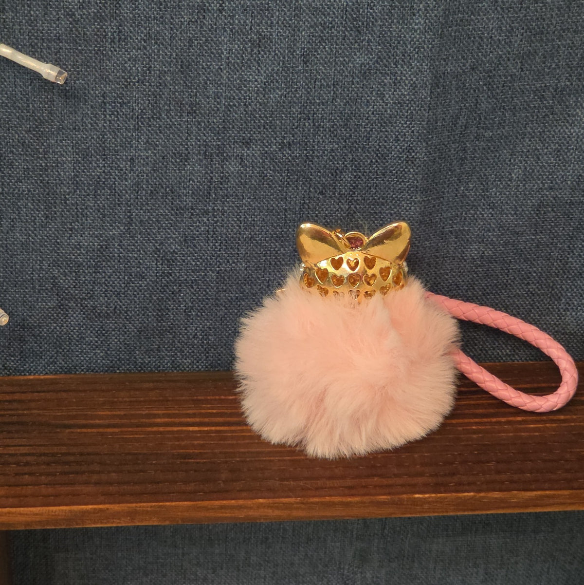 Pink Rhinestone Fox Pom Pom Keychain Charm Braided Strap