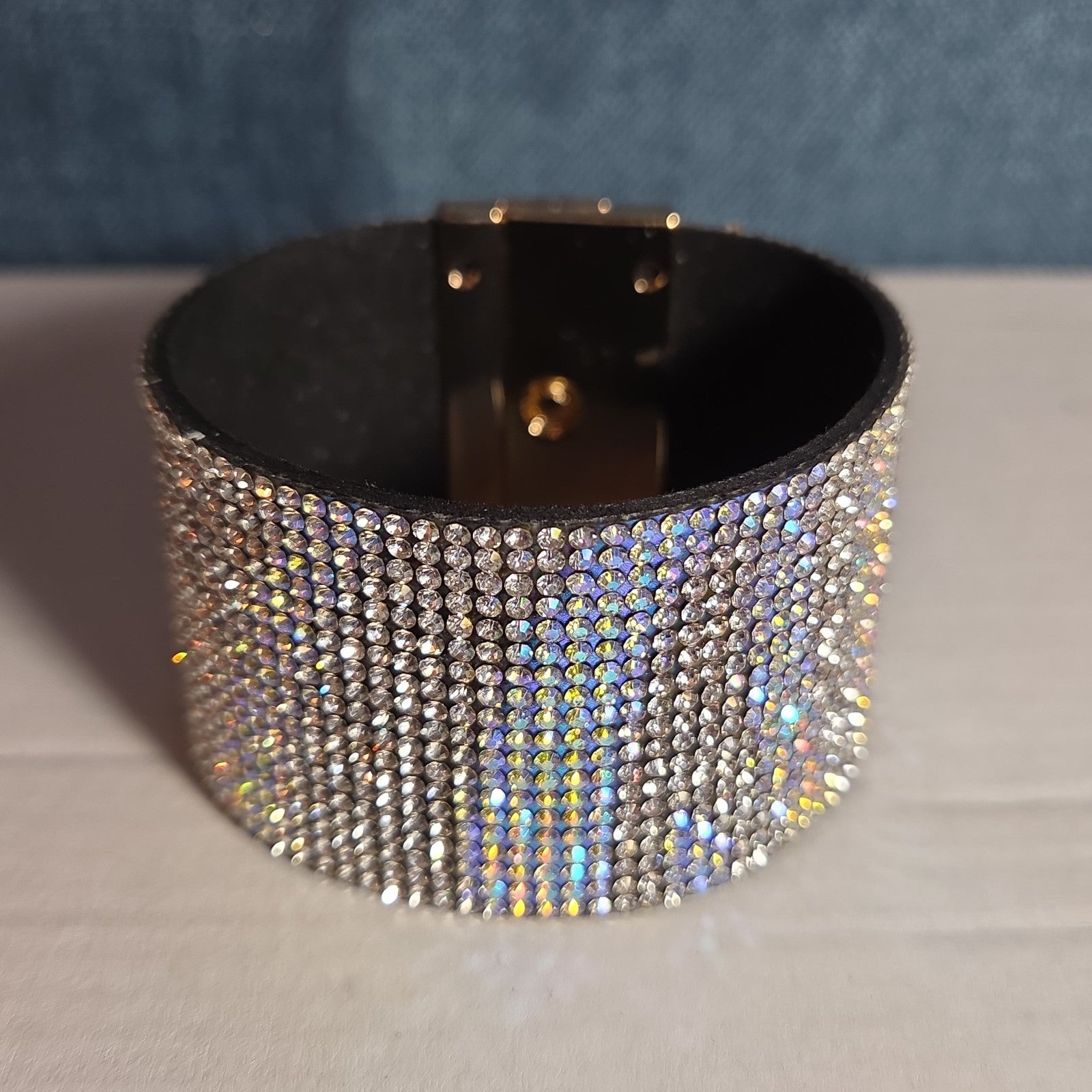 Rhinestone Wide Cuff Bracelet AB Crystal Gold Tone Y2K Glam Style NWOT