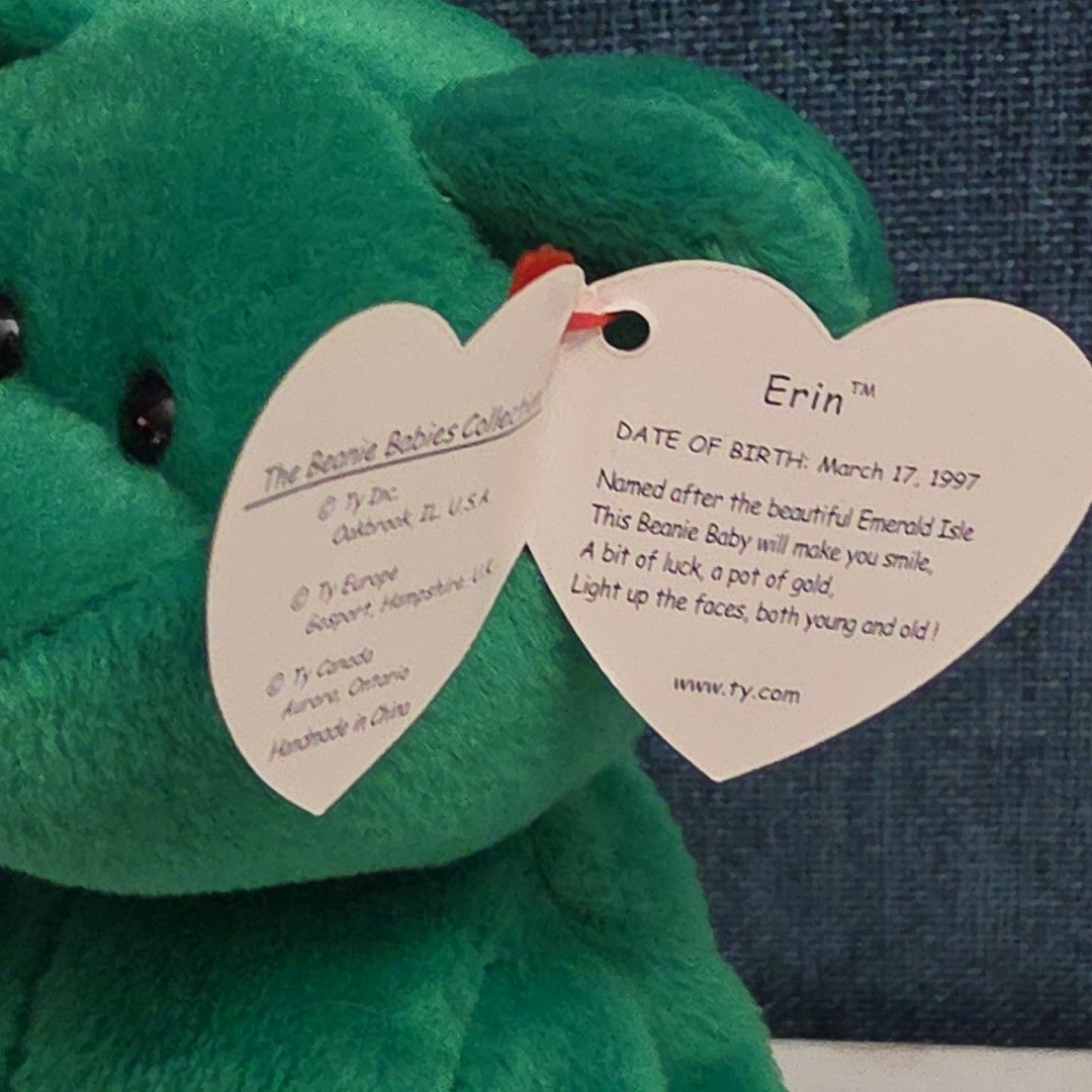 Ty Beanie Baby Erin the Bear 1997 Retired MWMT P.E. Pellets Irish Green Clover