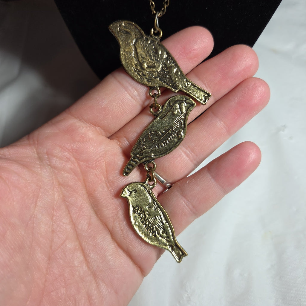 3 Birds Drop Pendant Necklace Brass Tone Long Chain Boho