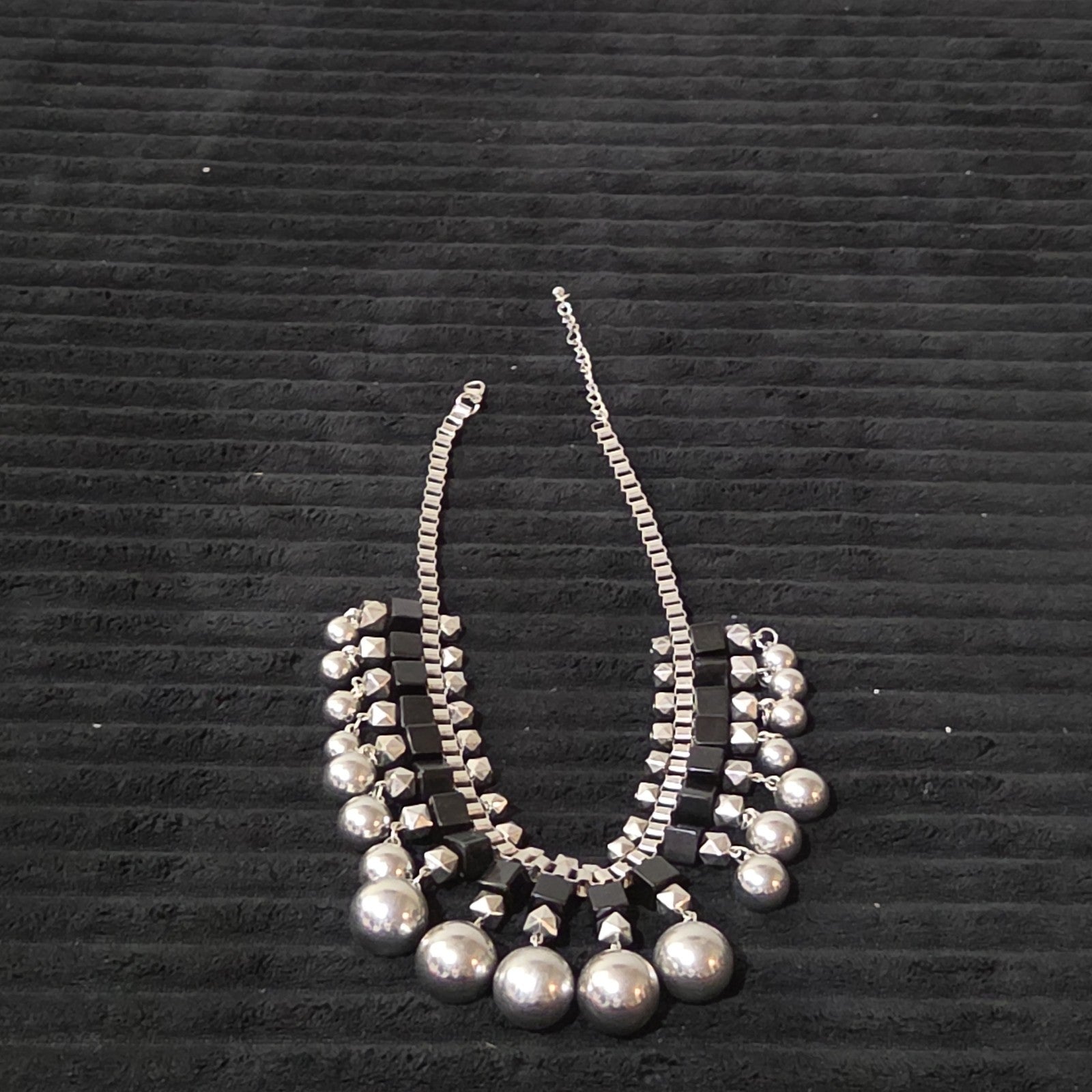Chunky Silver Bib Statement Necklace Black Cube Cascading Collar Choker Punk Mod