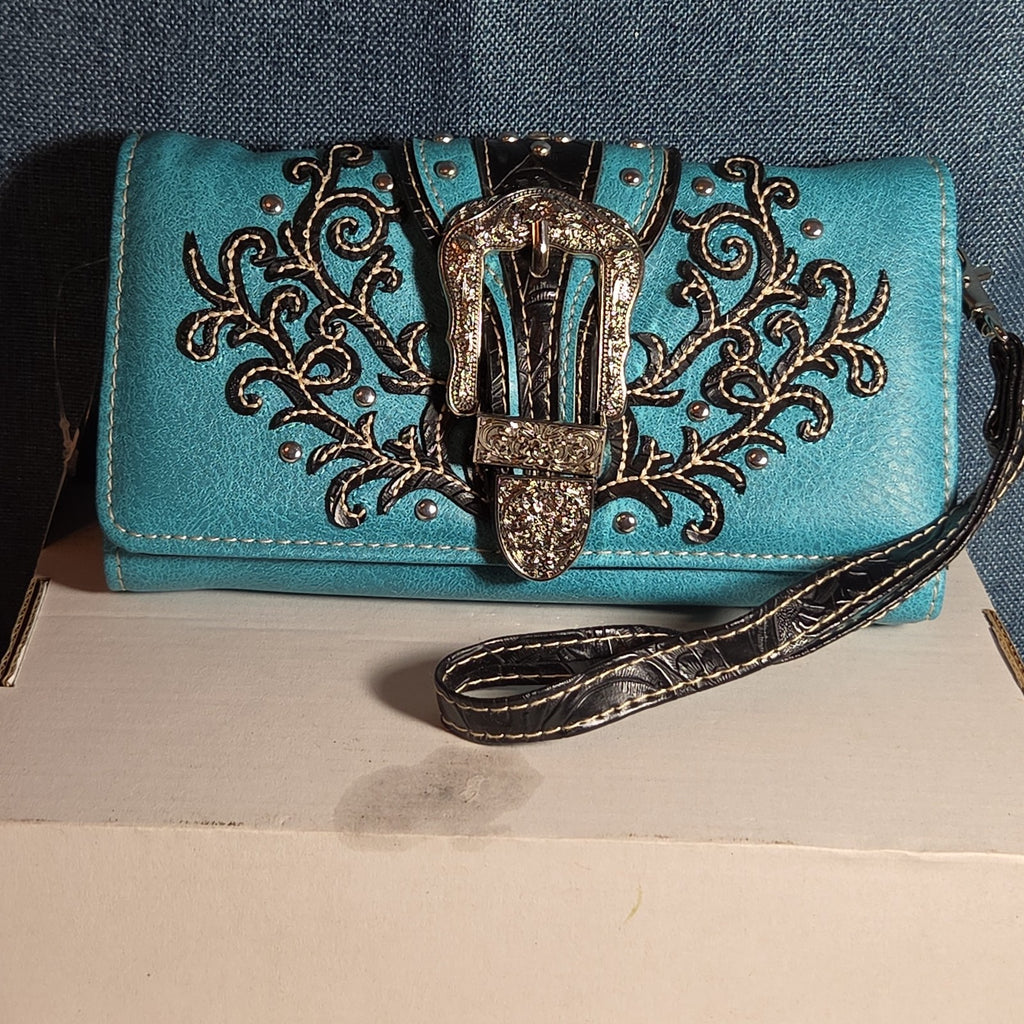 Turquoise Western Buckle Floral Trifold Crossbody Wallet NWT