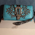 Turquoise Western Buckle Floral Trifold Crossbody Wallet NWT
