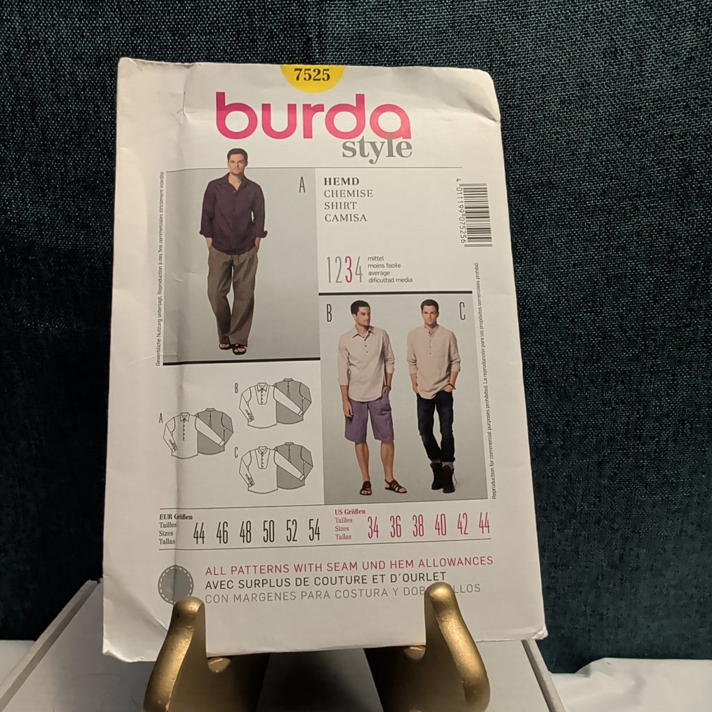 Burda 7525 Men's Shirt Pattern Button Up Tuxedo Bib Band Collar SZ 34-44 UNCUT