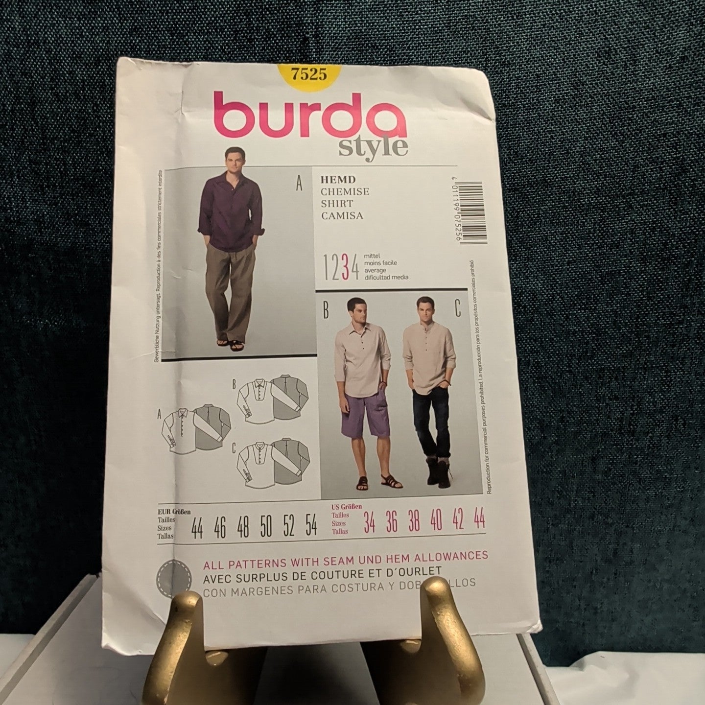 Burda 7525 Men's Shirt Pattern Button Up Tuxedo Bib Band Collar SZ 34-44 UNCUT