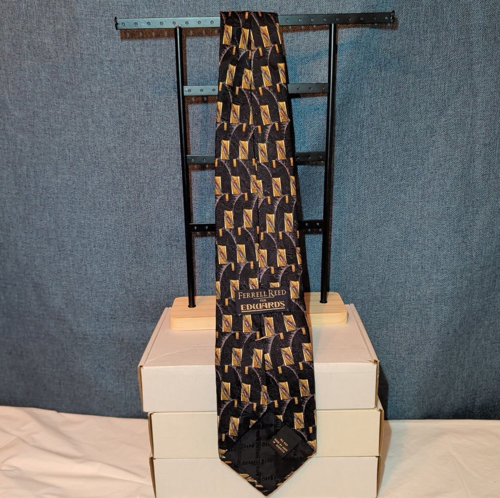 Vtg Ferrell Reed for Edwards Silk Neck Tie Black Gold Geometric Art Deco 59.5