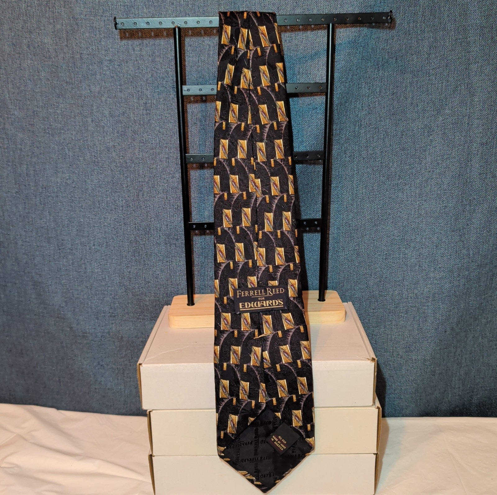 Vtg Ferrell Reed for Edwards Silk Neck Tie Black Gold Geometric Art Deco 59.5